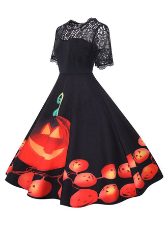 Robe noire patchwork à manches en dentelle pour Halloween des années 1950