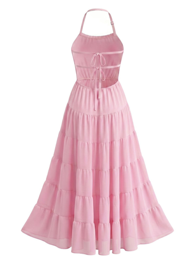 Robe Maxi à Étages Dos-Nu en Mousseline Froncée Années 70
