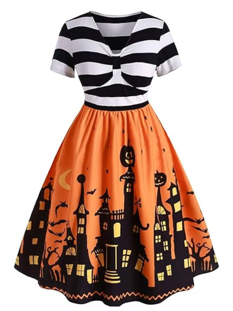 [Prévente] Robe d'Halloween rayée à imprimé citrouille et maison hantée années 1950