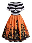 [Prévente] Robe d'Halloween rayée à imprimé citrouille et maison hantée années 1950