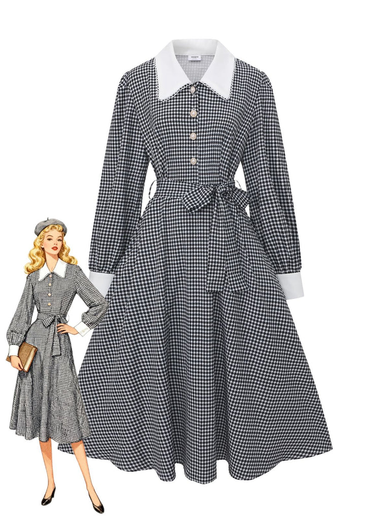 Robe noire à manches bouffantes et boutons nacrés style pied-de-poule années 1940