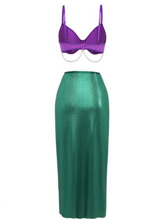 3PCS Ensemble de pyjama sirène en satin perle de mer violet années 1970