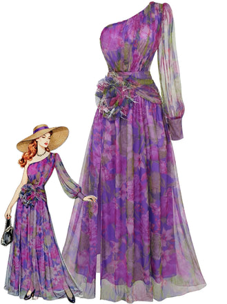 Robe de soirée violette une épaule en résille ornée de fleurs 3D années 1930
