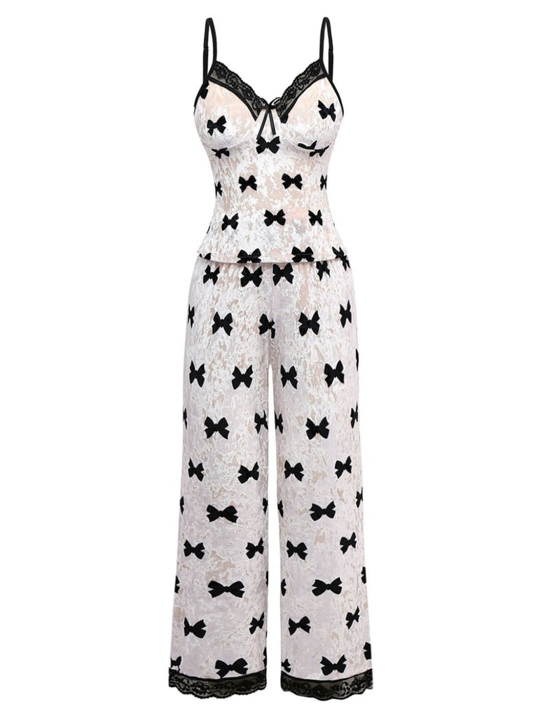 Ensemble de pyjama en velours blanc imprimé nœud des années 40