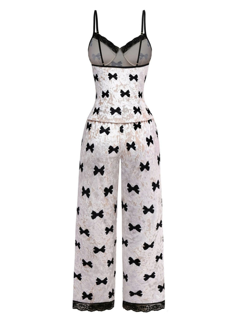 Ensemble de pyjama en velours blanc imprimé nœud des années 40