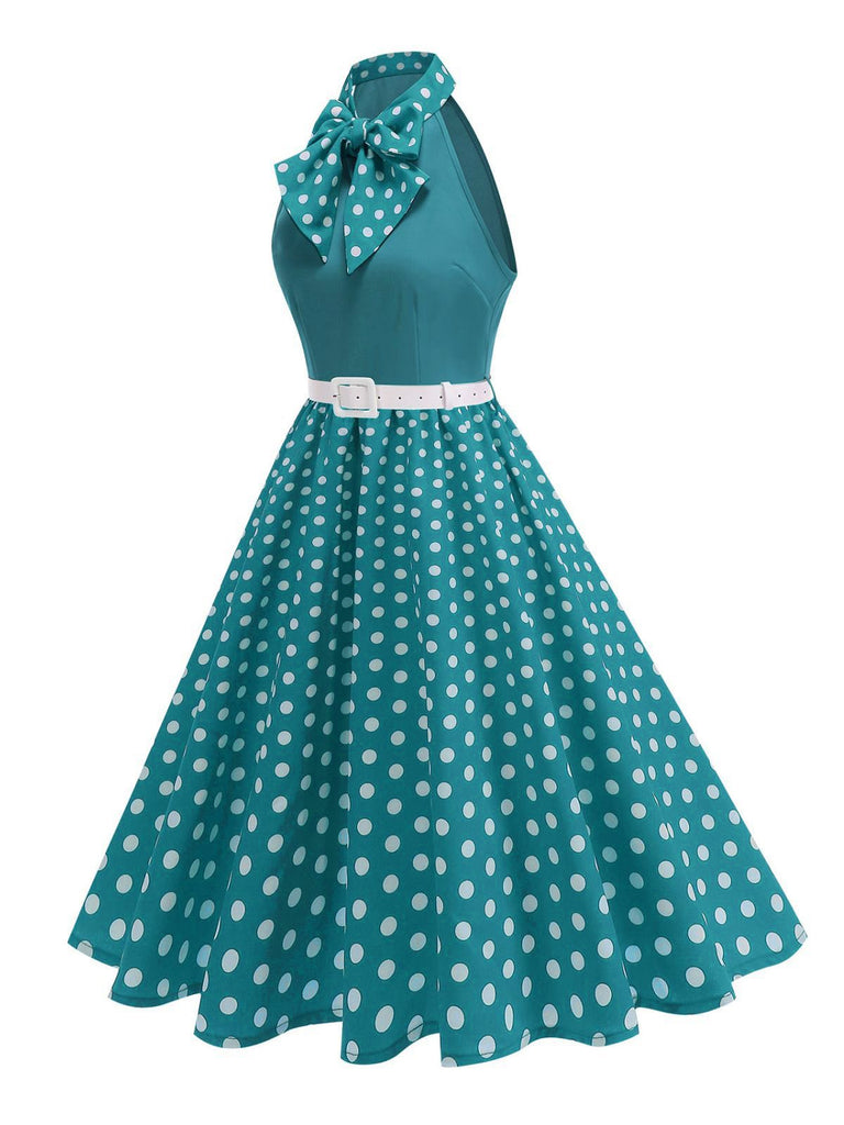Robe Ceinturée Nœud Papillon Col Pois Années 1950