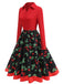 Robe trapèze rouge cerises et à manches longues années 1950