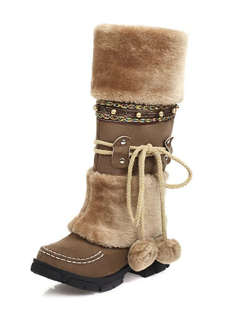Bottes d'hiver vintage à pompons en fausse fourrure