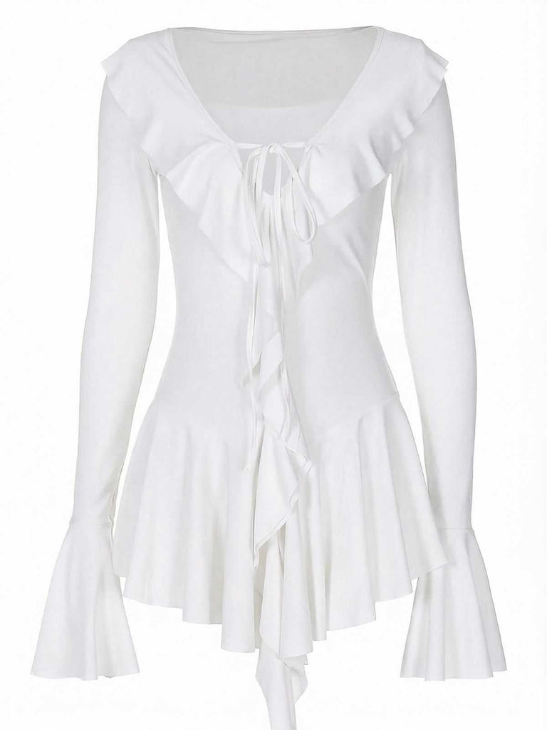 Robe rose col en V et manches évasées volants années 60