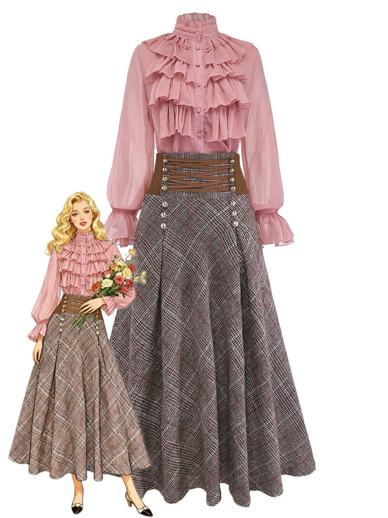 2PCS Chemisier col haut et volants en mousseline et jupe à carreaux lacée années 1980