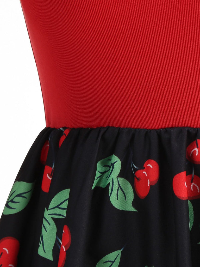Robe trapèze rouge cerises et à manches longues années 1950