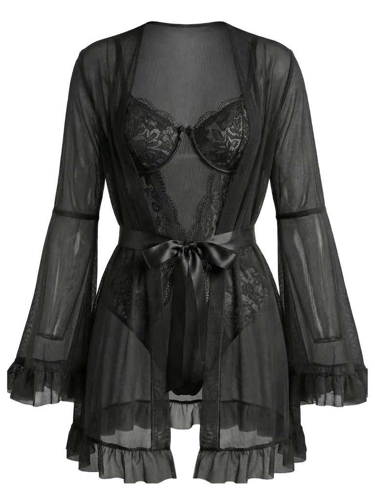 Ensemble de pyjama patchwork en dentelle transparente rouge années 1960