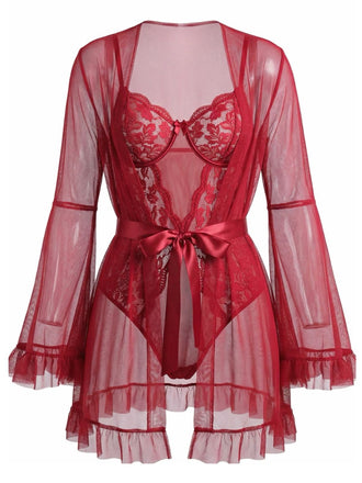 Ensemble de pyjama patchwork en dentelle transparente rouge années 1960