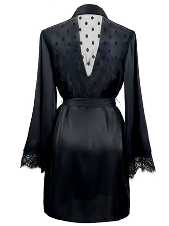 Peignoir de nuit noire en satin et dentelle pois années 1930
