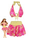 Ensemble bikini rose à imprimé floral à nouer sur le devant et à volants années 1960