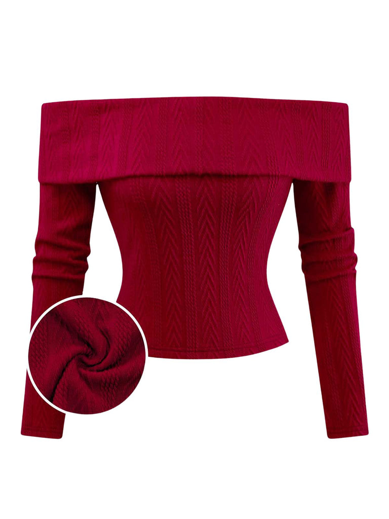 [Prévente] Pull tricoté rouge à épaules dénudées années 1950