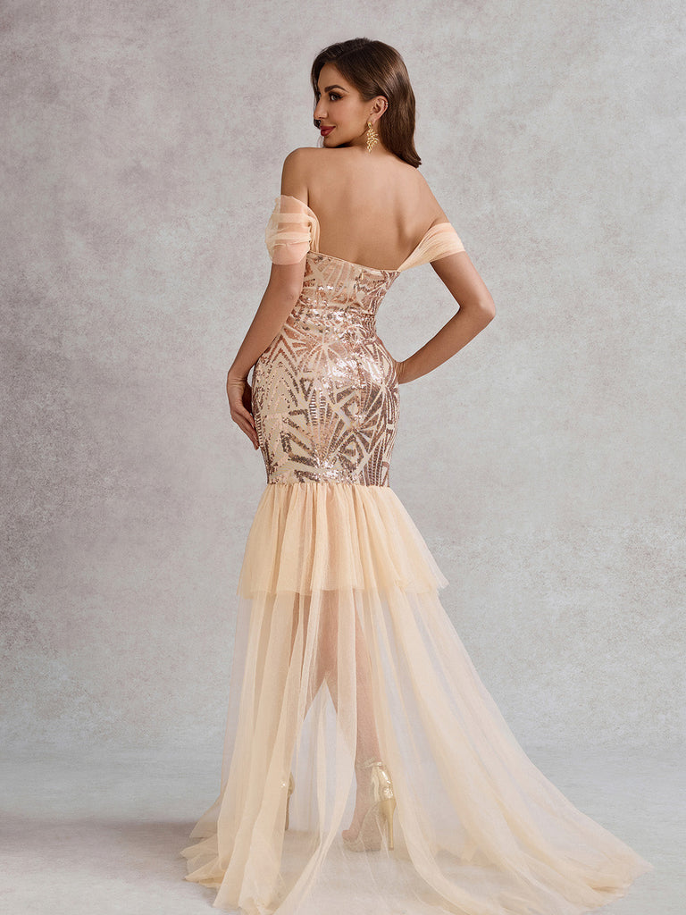 Robe champagne pailletée à épaules dénudées maille années 1920