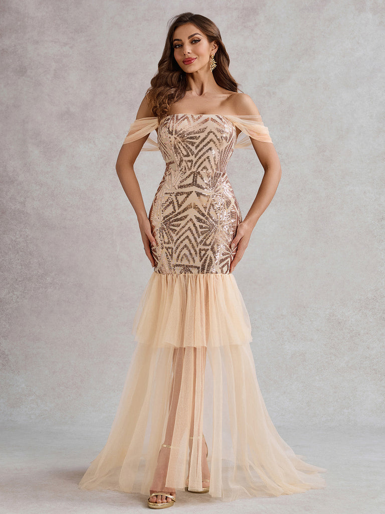 Robe champagne pailletée à épaules dénudées maille années 1920