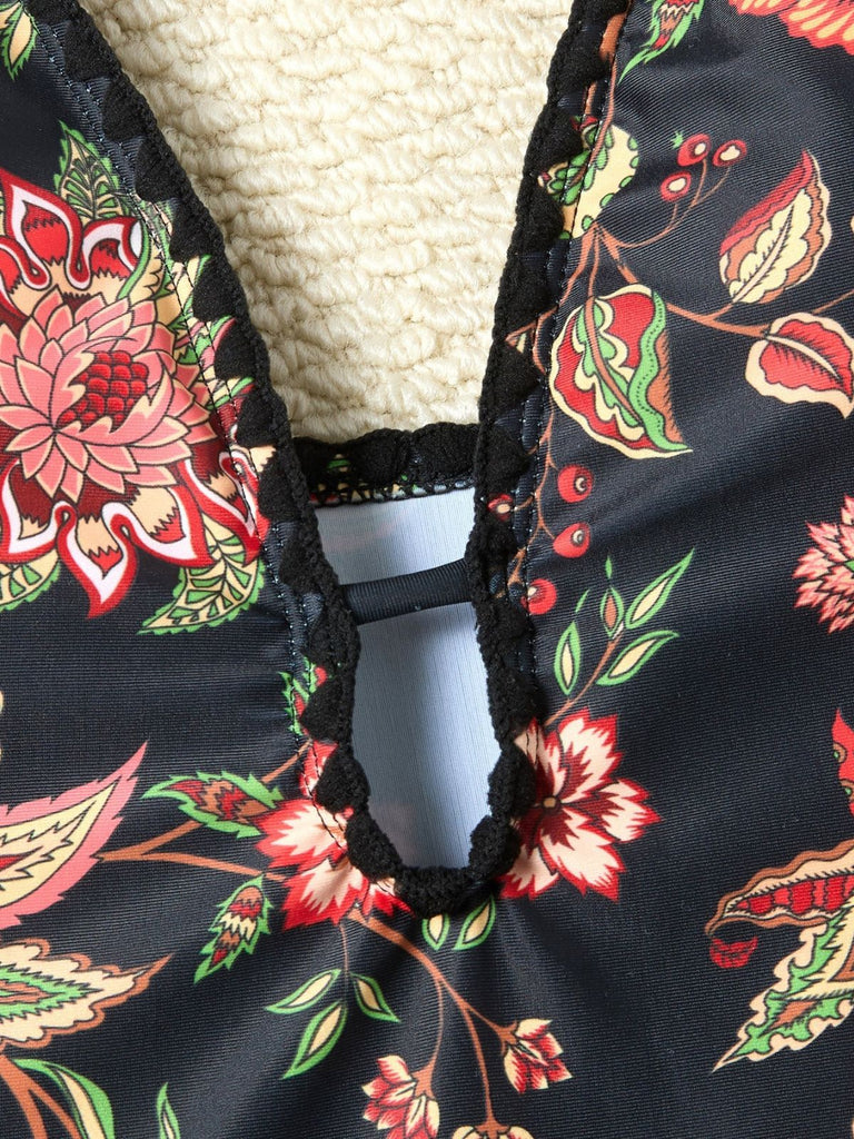 2PCS Maillot de bain et paréo à franges et décolleté en V profond années 1960