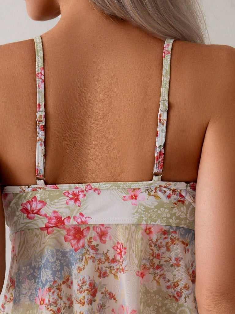 Ensemble Tankini Floral Bretelles Fines à Volants Péplum Patchwork Rose Années 1930 7