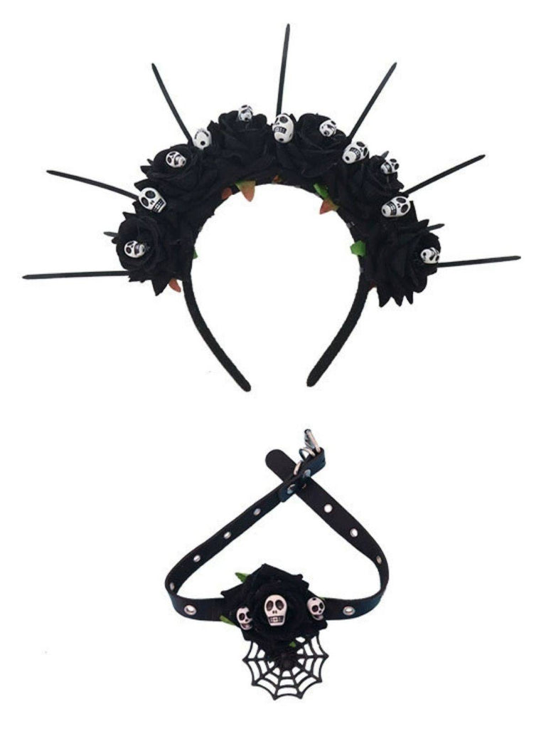 Bandeau et collier gothiques d'Halloween avec tête de mort et rose