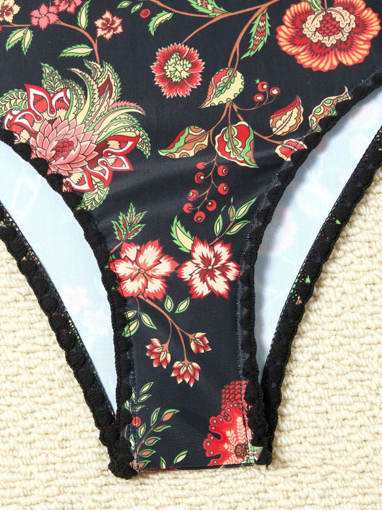 2PCS Maillot de bain et paréo à franges et décolleté en V profond années 1960