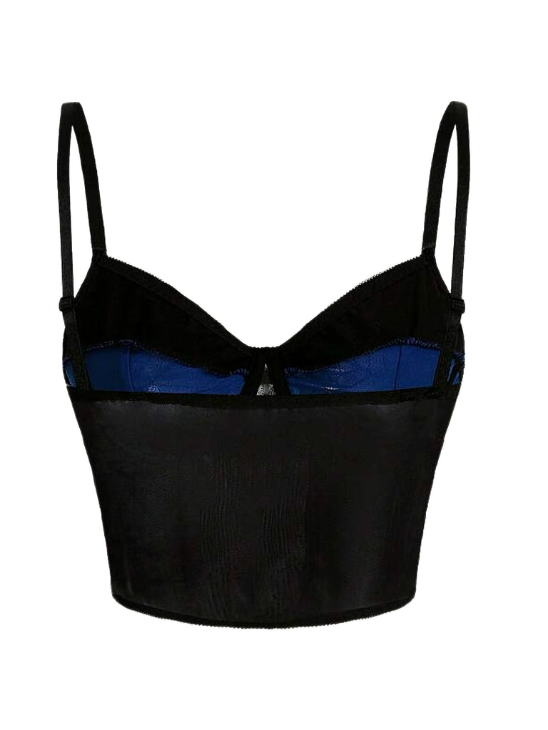 Haut corset patchwork en dentelle punk bleu foncé des années 1980