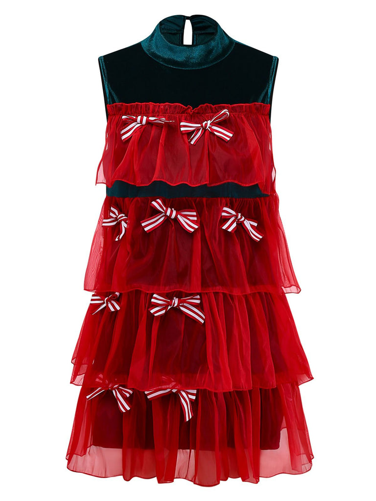 Robe de sapin de Noël en velours et maille patchwork avec nœud des années 1960