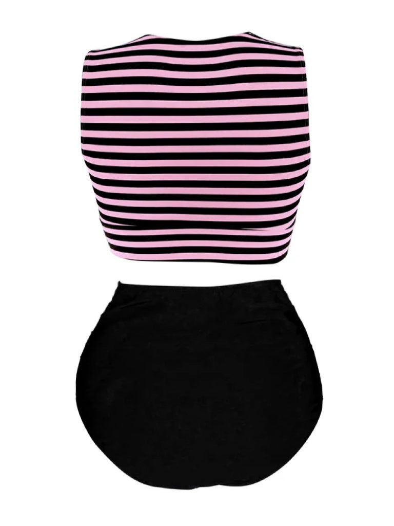 [Prévente] [Grande taille] Ensemble tankini rayé rose et noir à nœuds années 1970
