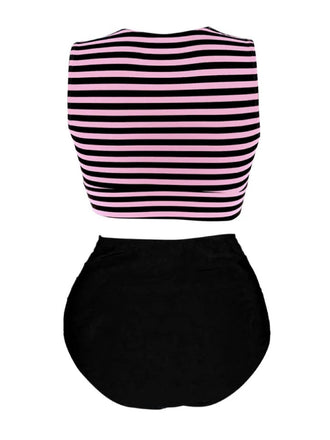 [Grande taille] Ensemble tankini rayé rose et noir à nœuds années 1970