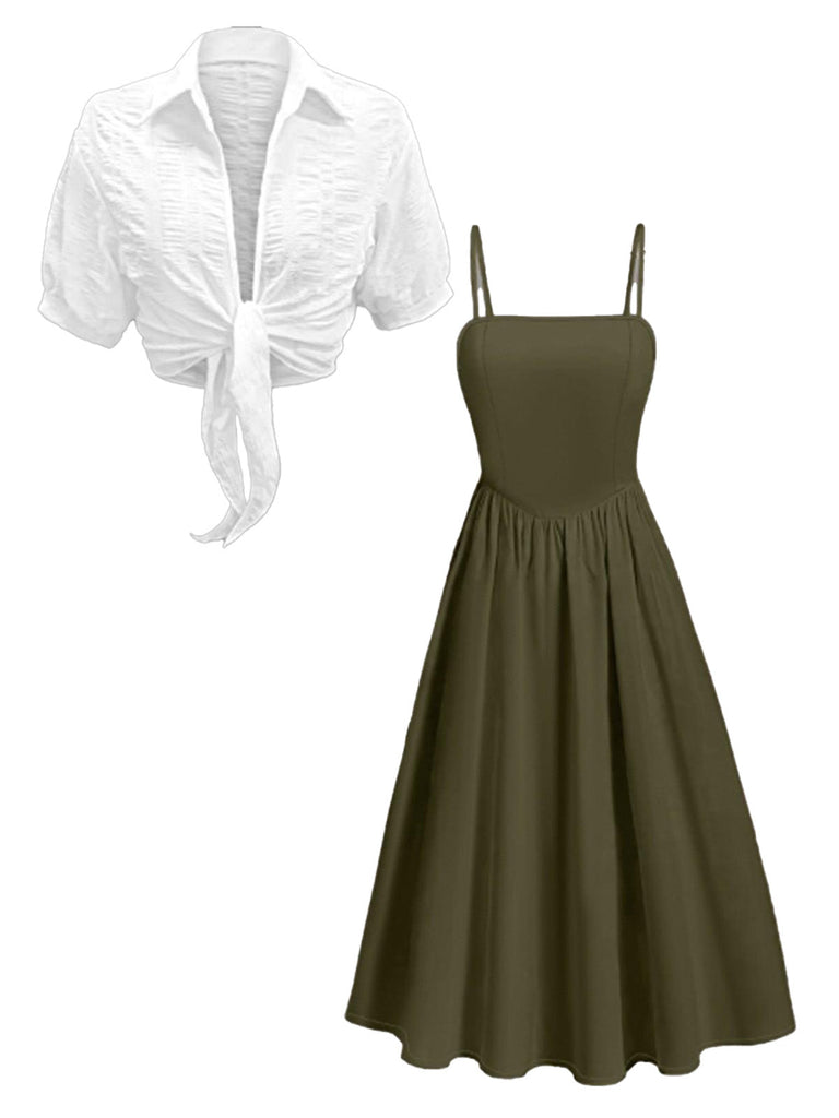 Ensemble 2 Pièces Robe Midi Smockée à Bretelles et Chemise Courte Années 50