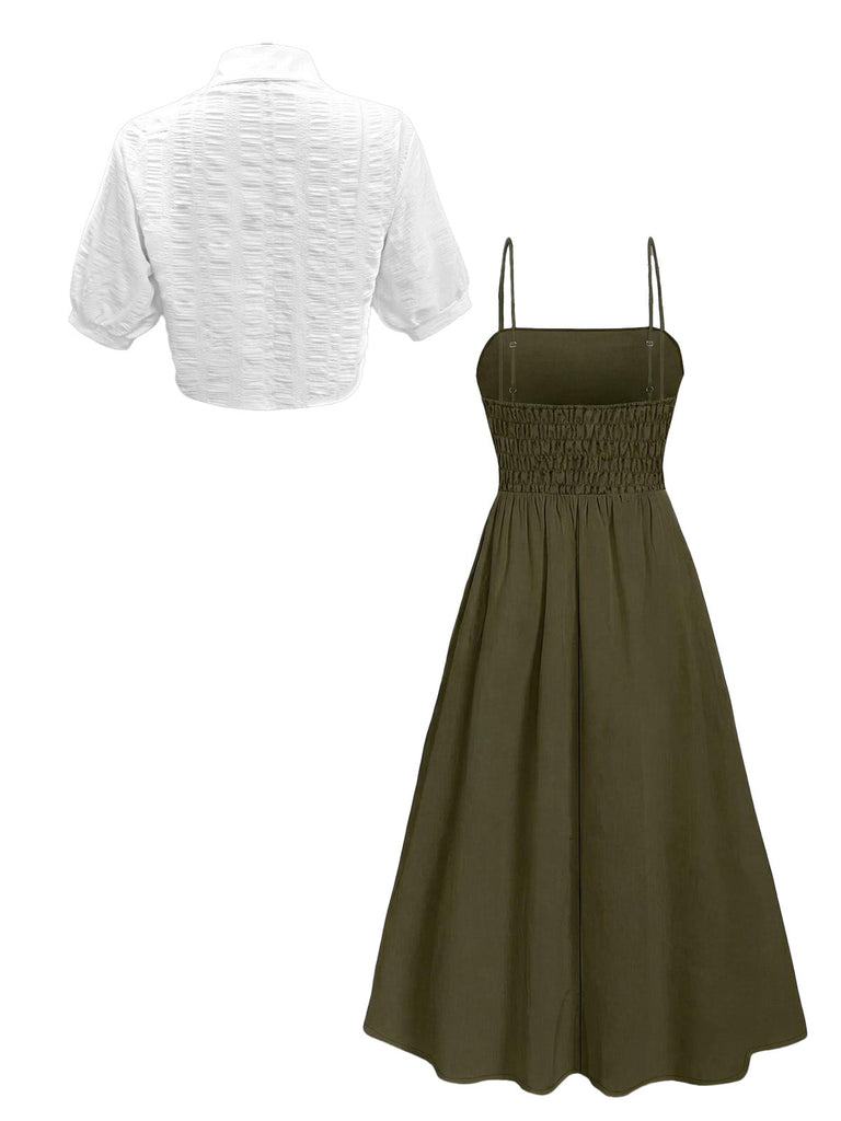 Ensemble 2 Pièces Robe Midi Smockée à Bretelles et Chemise Courte Années 50