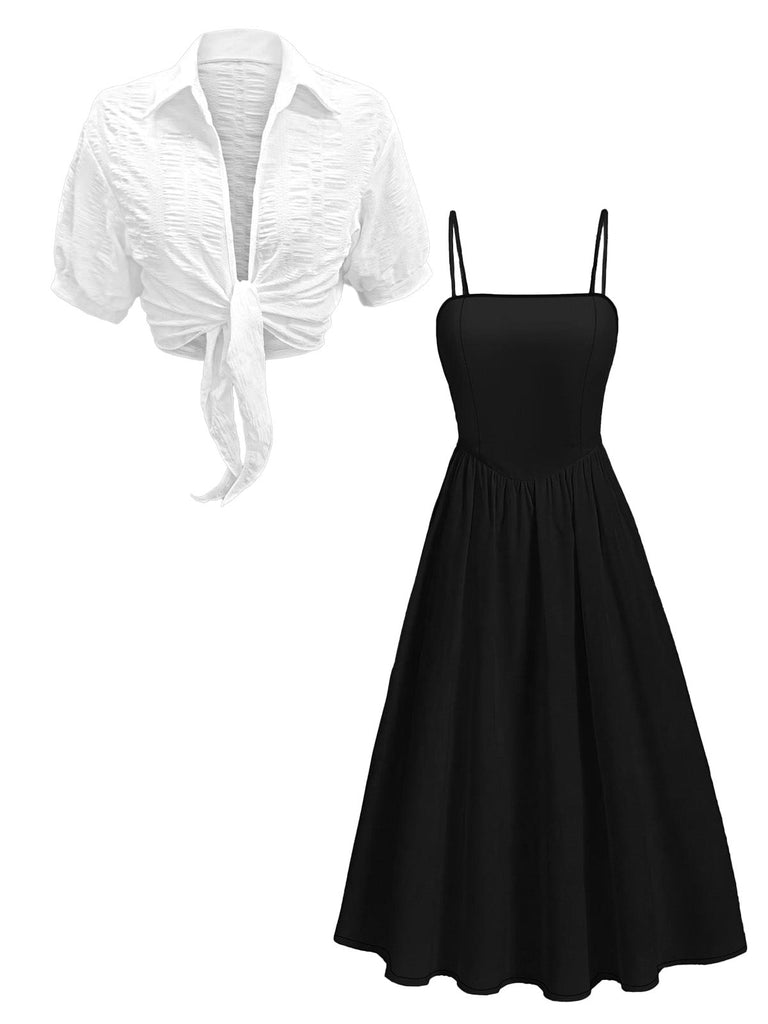 Ensemble 2 Pièces Robe Midi Smockée à Bretelles et Chemise Courte Années 50