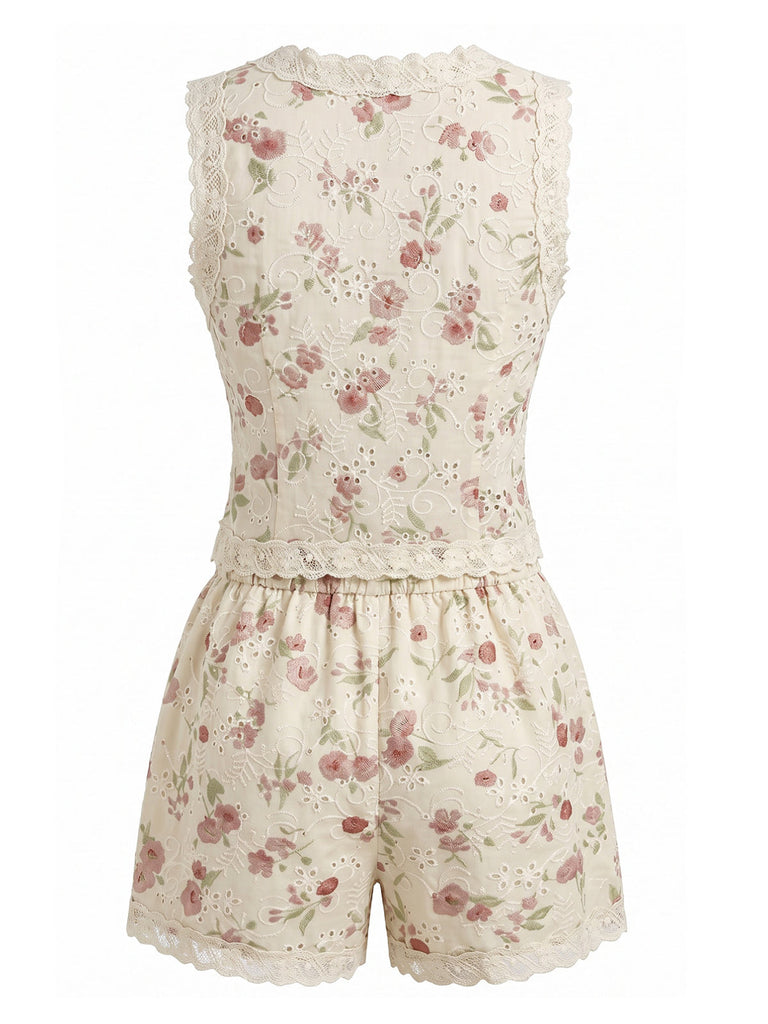 Ensemble 2 Pièces Top Floral Dentelle Patchwork et Short Beige Années 40