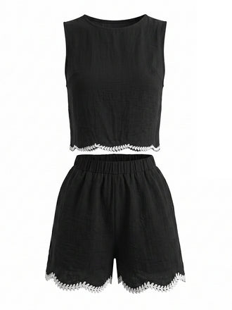 Ensemble 2 Pièces Gilet Sans Manches Crochet et Short Noir Années 50