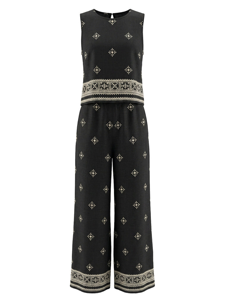 Ensemble 2 Pièces Top Bohème Col Rond et Pantalon Noir Années 70