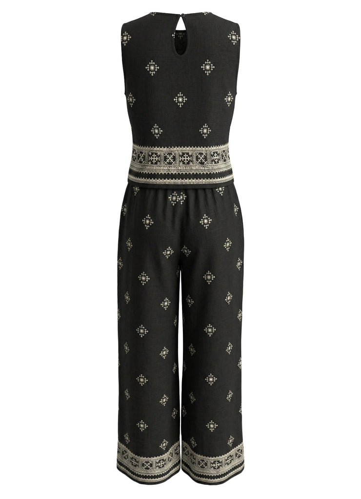 Ensemble 2 Pièces Top Bohème Col Rond et Pantalon Noir Années 70