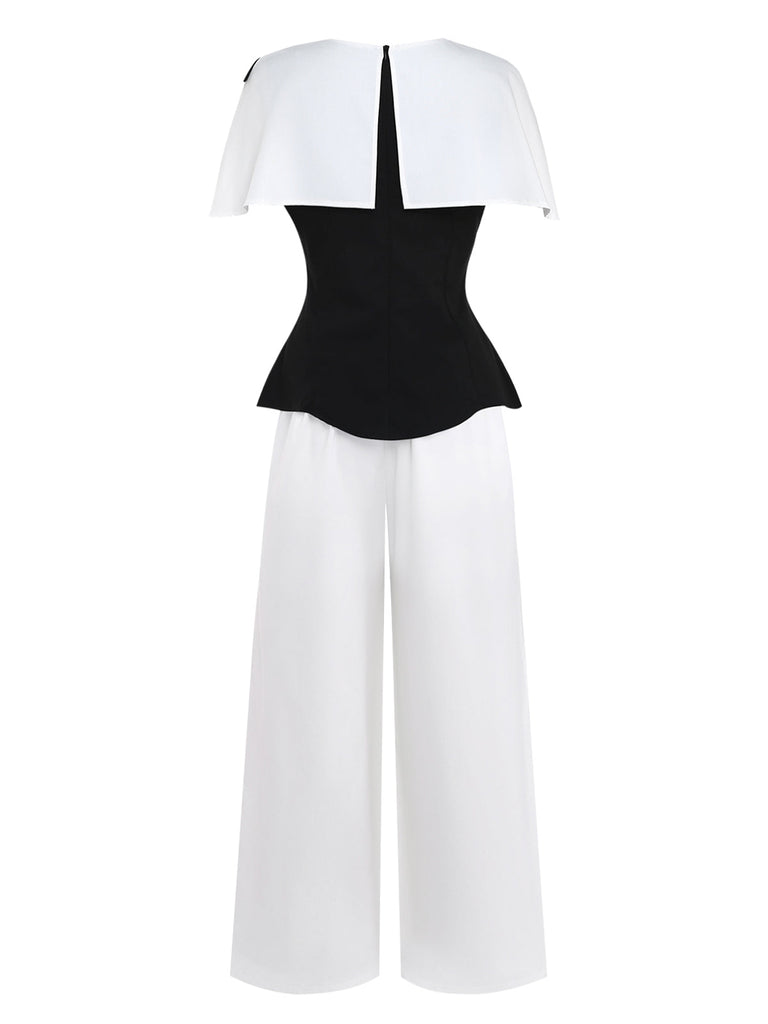 2PCS-Black-White-1950s-Cape-Collar-ColorBlock-Top-Pants-Back-View