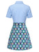 Light blue polo shirt with a colorful floral skirt on a white background