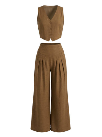 2PCS Brown 1940s V-Neck Vest & Wide Leg Pants - vintage fashion, retro style