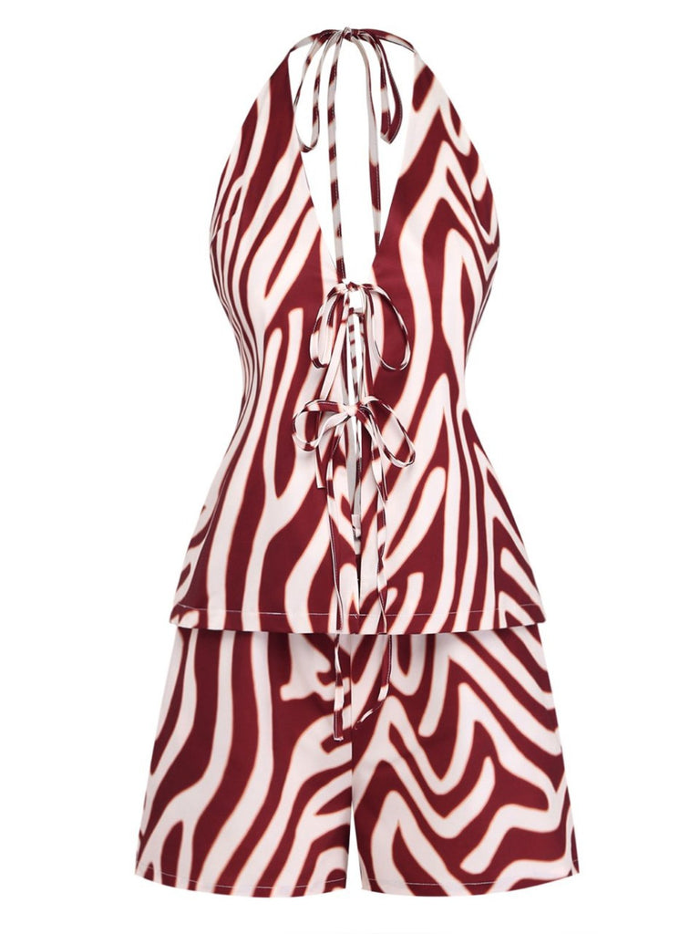 2PCS-Brown-1970s-Halter-Deep-V-Striped-Top-Shorts