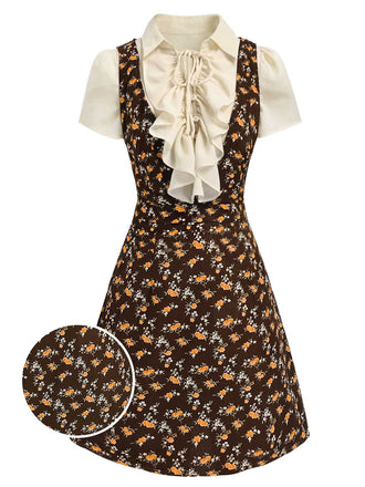 Ensemble 2 pièces années 1960 : chemisier victorien à volants et robe en velours côtelé à fleurs (vue détaillée)