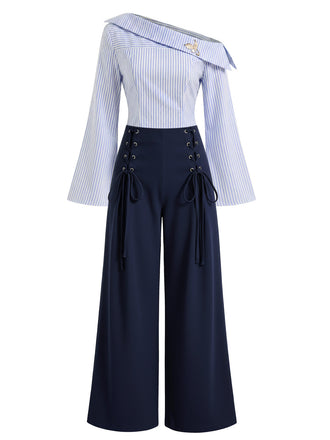 [Prévente] 2PCS Chemisier rayé avec broche en perles et pantalon à lacets années 40