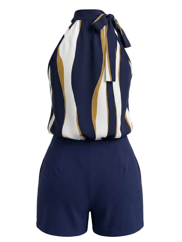 Ensemble 2 Pièces Haut Col Noué Rayé Vagues Abstraites & Short Boutonné Années 1950 3