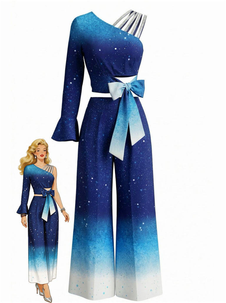 Robe bleue dégradée avec un nœud décoratif sur fond blanc