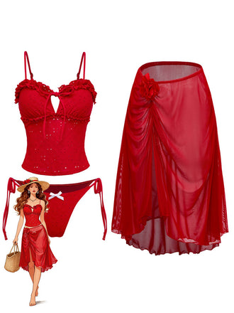 Ensemble de maillot de bain tankini rouge vintage avec détails romantiques à volants et paréo assorti en résille orné de fleurs 3D amovibles et d'un ourlet asymétrique pour un style plage des années 60