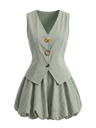 Ensemble 2 Pièces Gilet Col V et Jupe Bouffante Bleu Clair Années 50