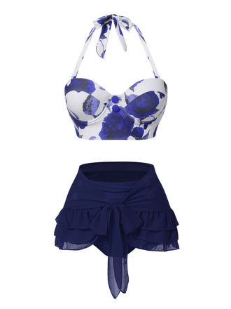 [Prévente] 2PCS Maillot de bain licou roses et jupe cache-maillot bleu des années 1960