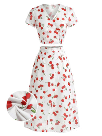 Ensemble 2 Pièces Crop Top Col V Imprimé Cerises & Jupe Rouge Années 1960 2