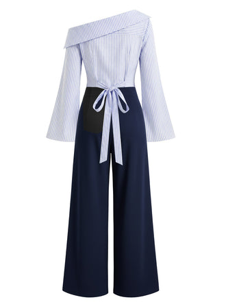 Jumpsuit with off-shoulder striped top and wide-leg navy pants on a white background